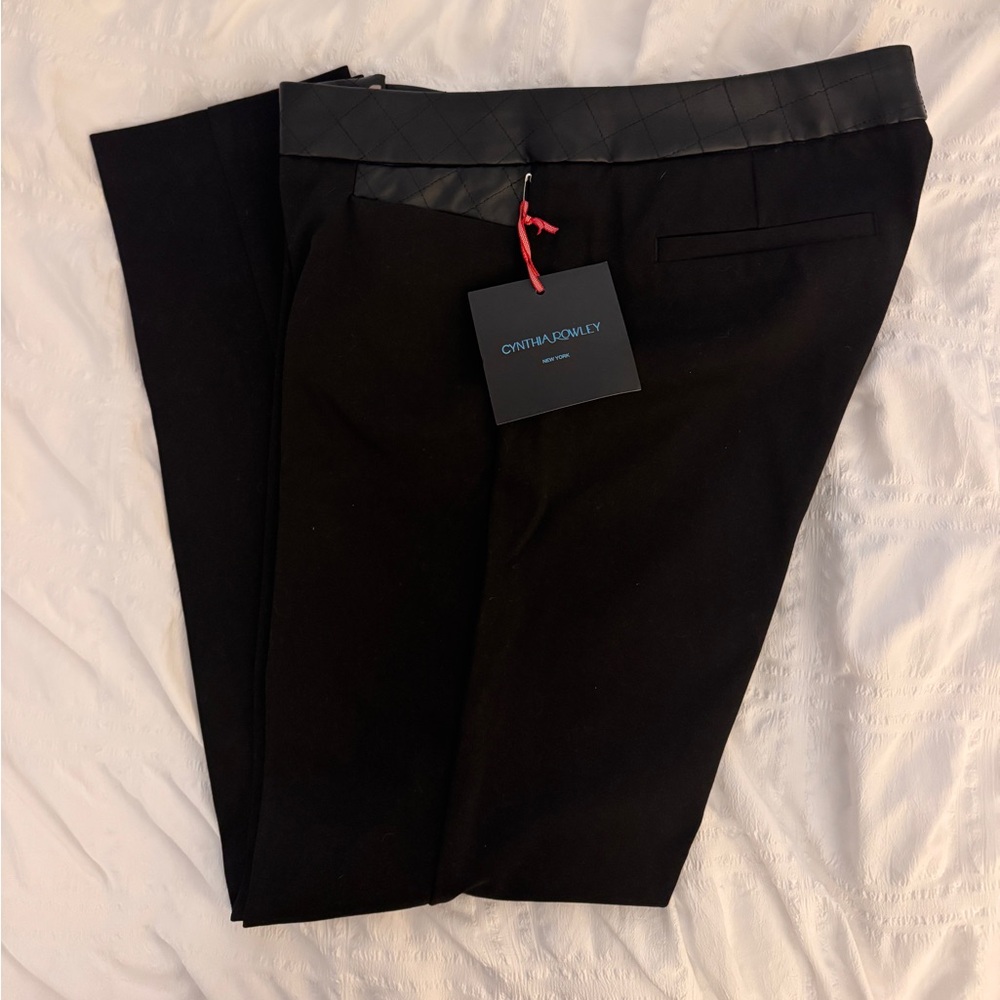 NWT Cynthia Rowley black ankle trouser with quilted vegan leather waist. Size 8